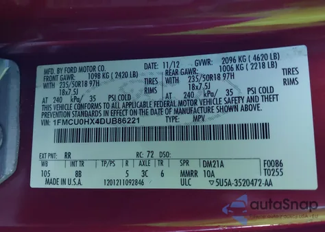 2013 Ford Escape Sel z USA, uszkodzony, nr VIN 1FMCU0HX4DUB86221